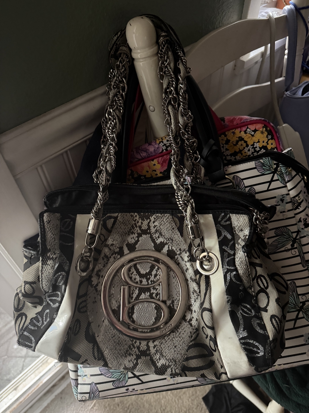 bebe Black & White Snake-Print Hobo with Chain Handles